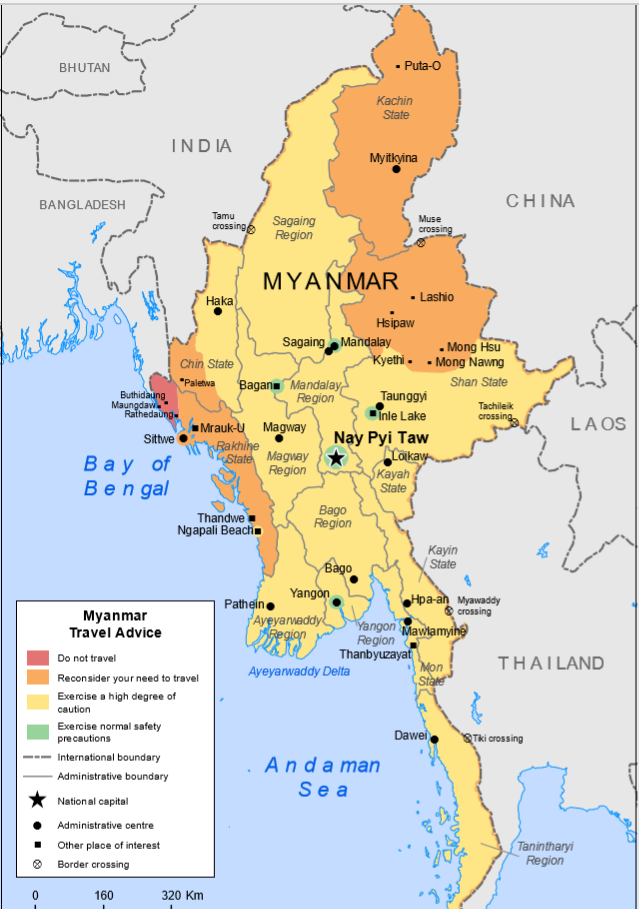 Historical Myanmar travel-advice map from the original article